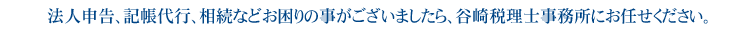 法人申告、記帳代行、相続などお困りの事がございましたら、谷崎税理士事務所にお任せください。